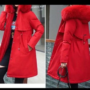 Coat Size 2xl Women Parka Red Jacket Faux Fur Hooded New Warm Thick Winter
